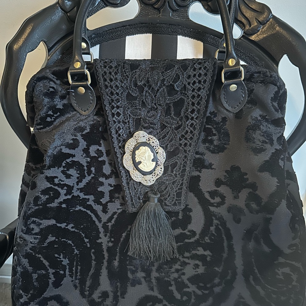 Black velvet damask Mary Poppins bag